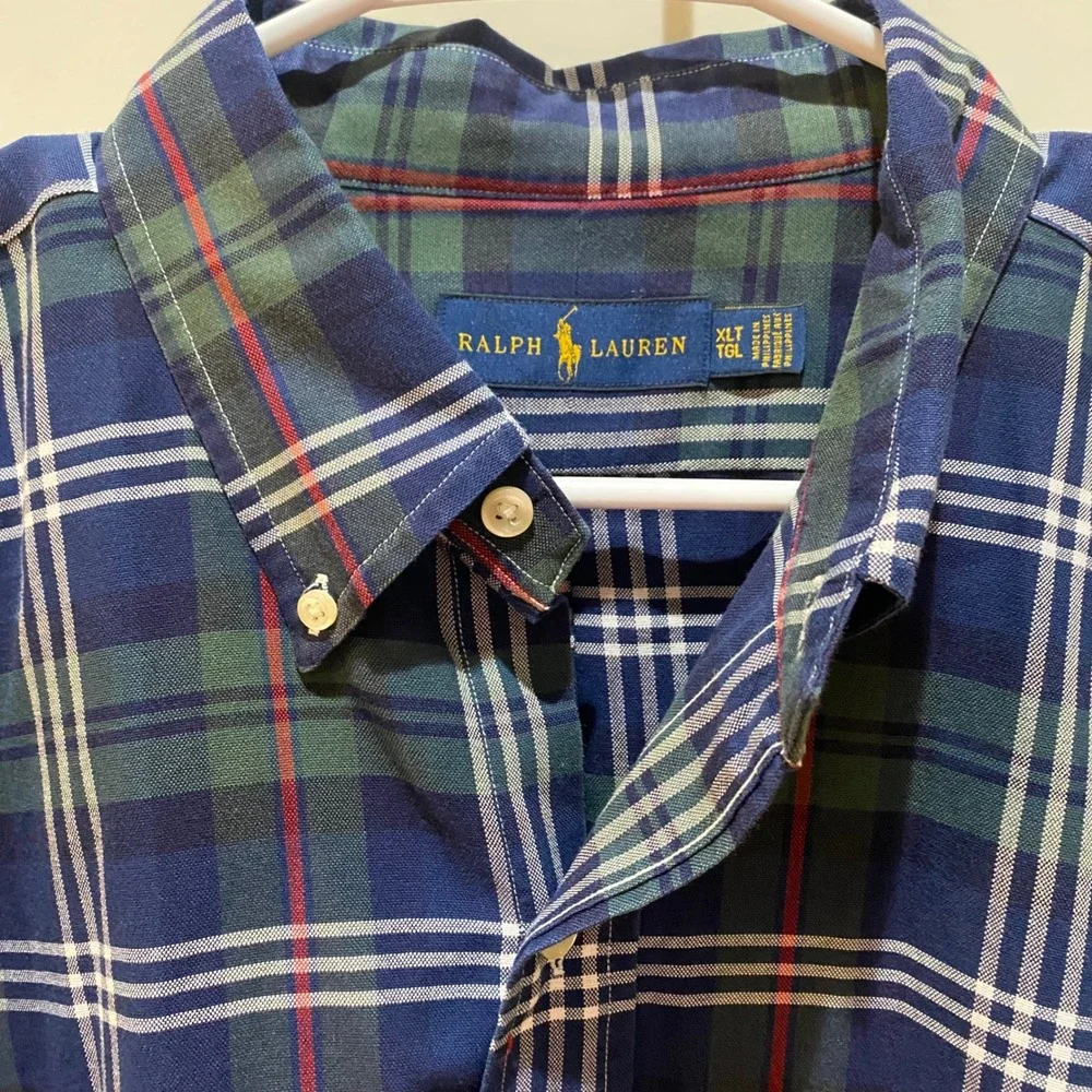 Ralph Lauren Mens XLT Plaid Button Down Shirt Navy Blue Green Long Sleeve Tall